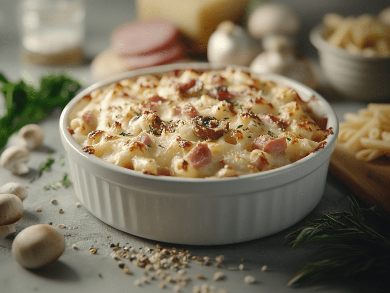 Gratinado de pasta con jamón y champiñones en una fuente redonda para horno, rodeado de ingredientes como champiñones y pasta cruda.