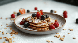 Pancakes de Muesli apilados en un plato blanco. Están espolvoreados con bayas y azúcar glas. Alrededor del plato hay muesli y más bayas esparcidas.
